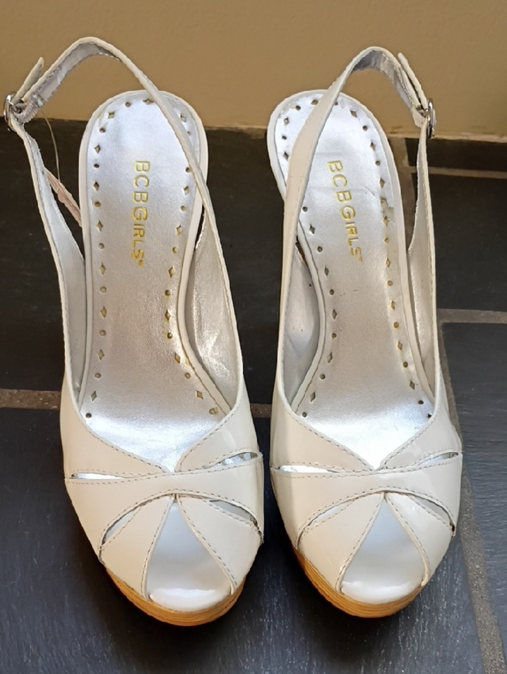 BCBGirls Cream Peep-Toe Slingback Wedge Sandals | Size 7